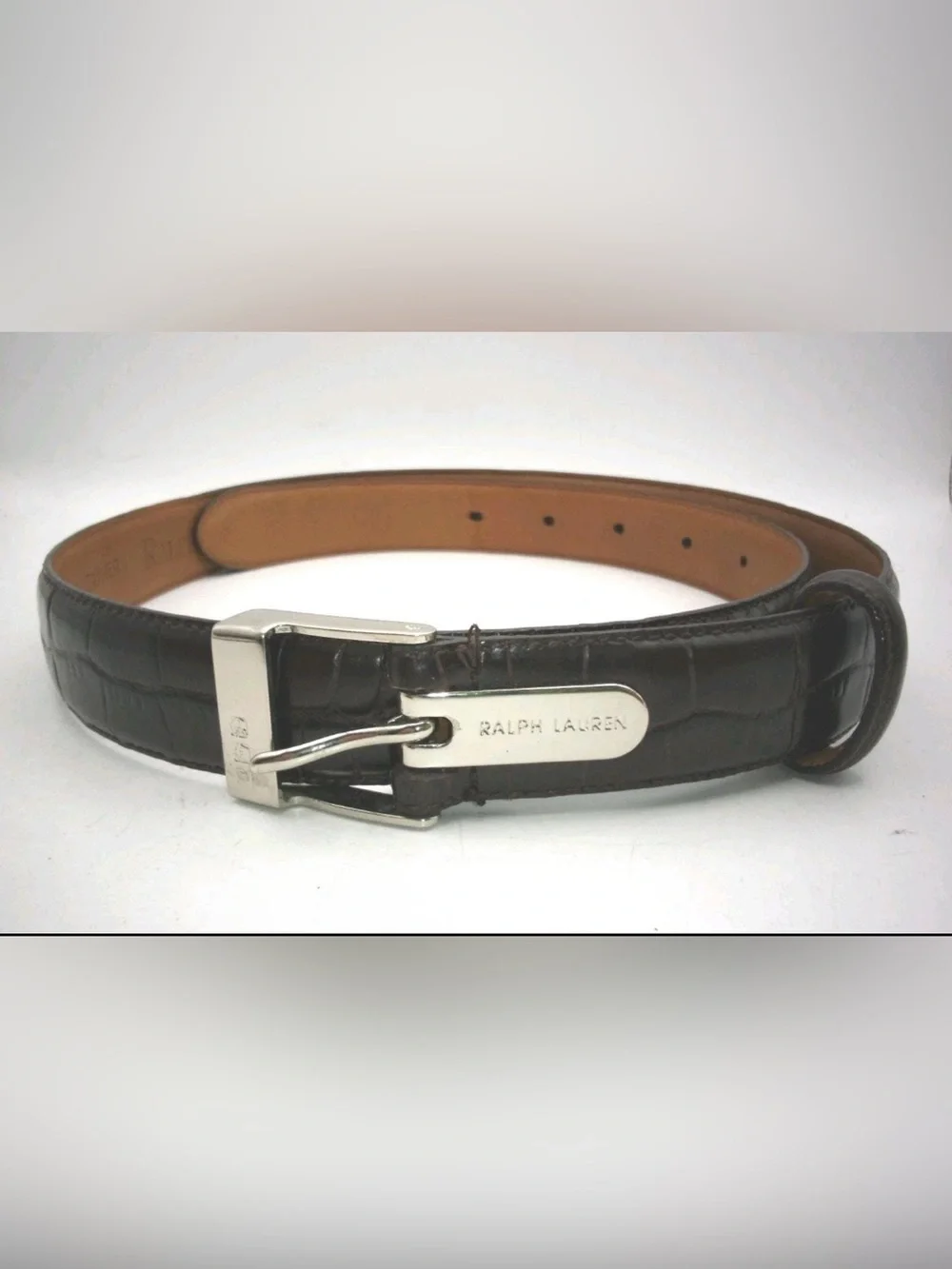 Vintage Ralph Lauren RL Dark Brown Crocodile Embossed Leather Skinny Belt